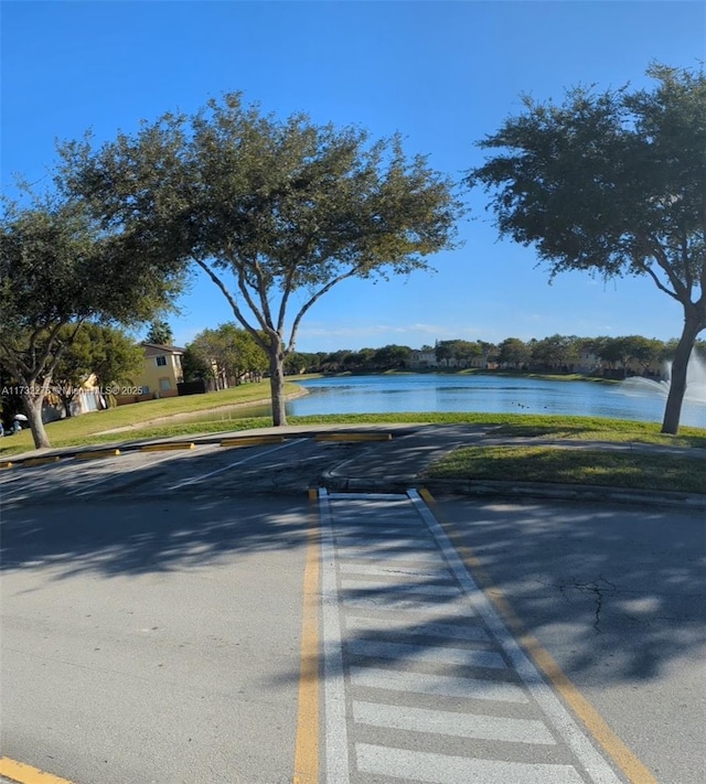 view of street with a water view