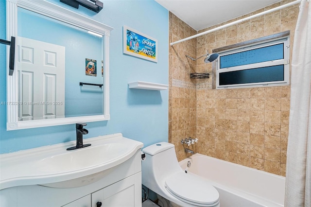 full bathroom with toilet, vanity, and shower / bathtub combination with curtain