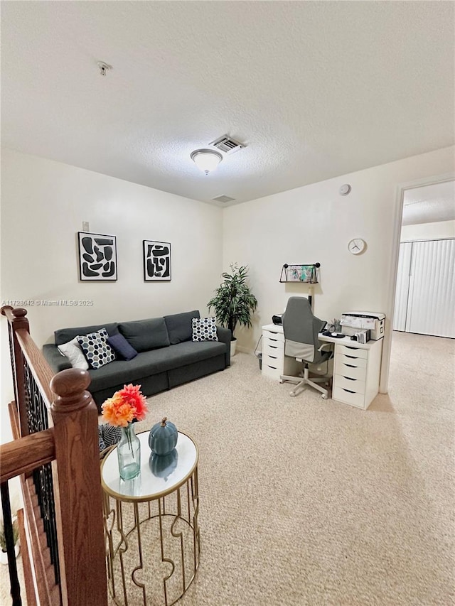 living room featuring carpet and a textured ceiling