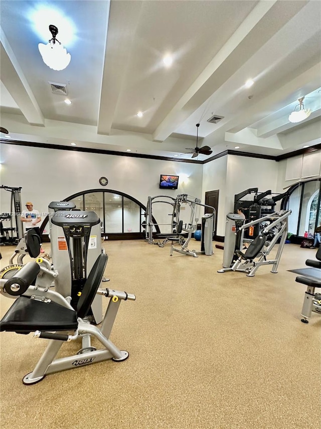 workout area with ceiling fan