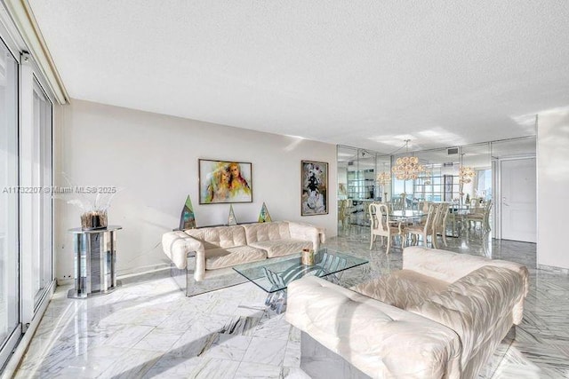 living room with a textured ceiling