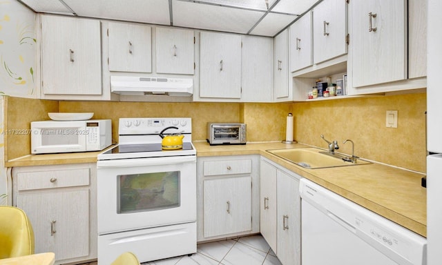 kitchen featuring white cabinetry, sink, backsplash, and white appliances