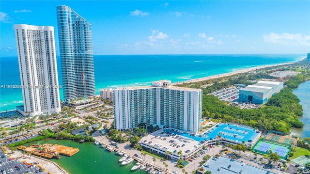 birds eye view of property featuring a water view