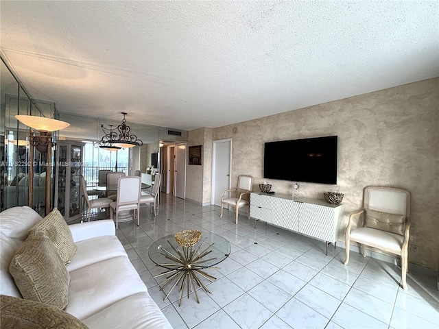 living room featuring a textured ceiling