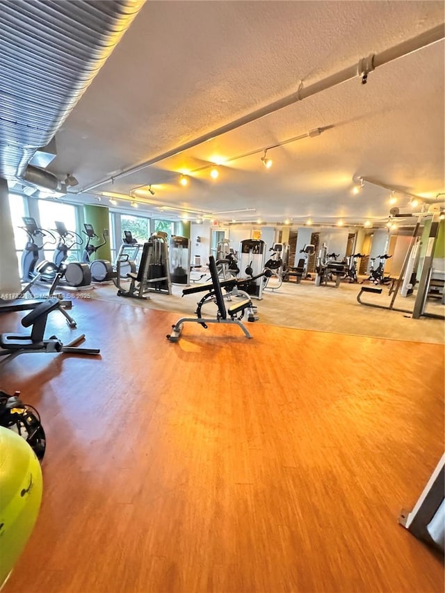 gym featuring wood-type flooring and a textured ceiling