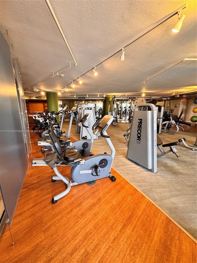 gym with carpet flooring and a textured ceiling