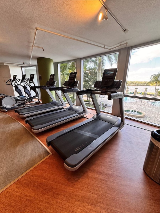 gym with track lighting, expansive windows, and a textured ceiling