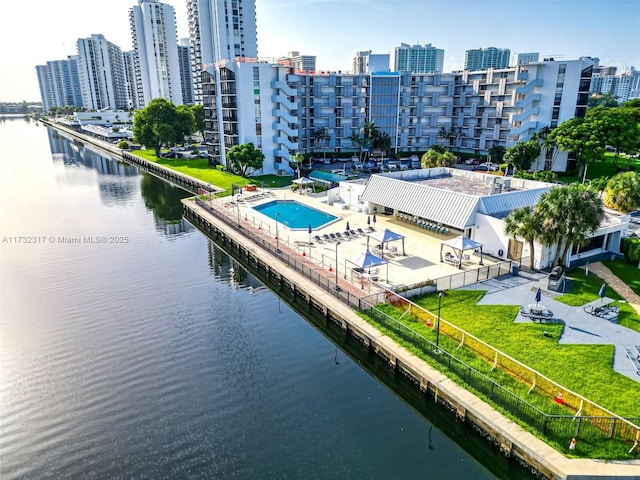 aerial view featuring a water view