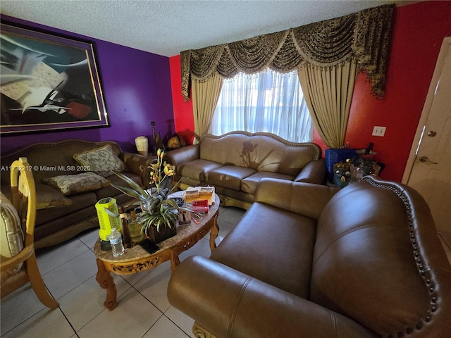 living room with tile patterned flooring and a textured ceiling