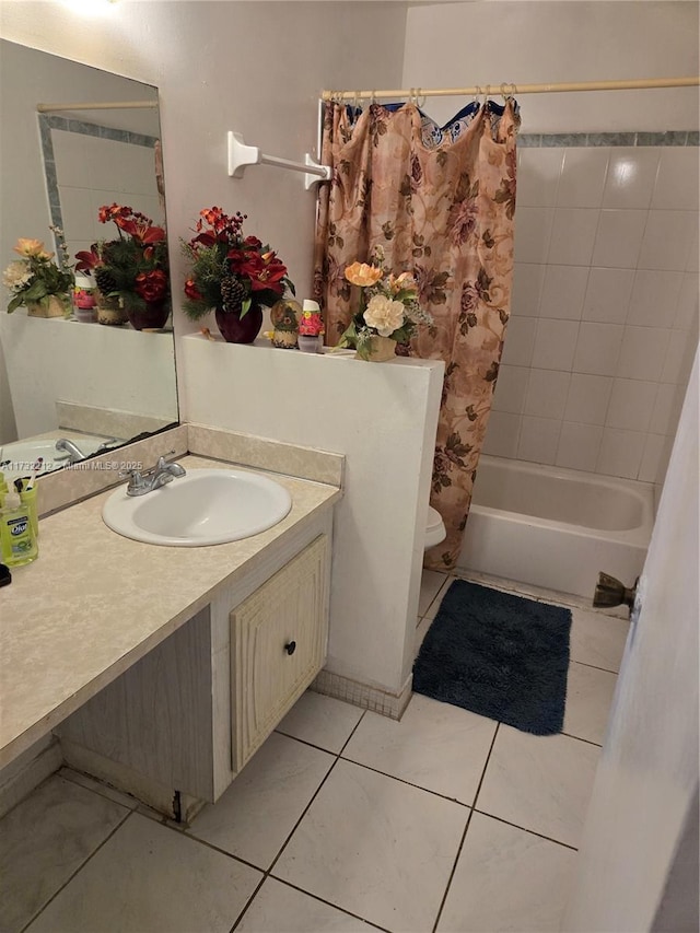 full bathroom with shower / bathtub combination with curtain, vanity, tile patterned flooring, and toilet