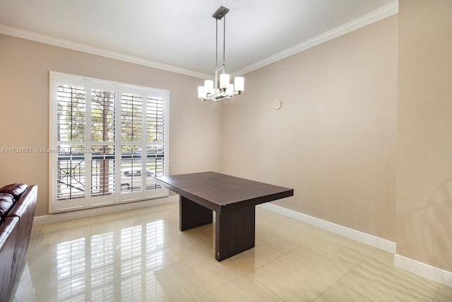 unfurnished dining area with ornamental molding and light tile patterned floors