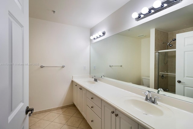 bathroom with walk in shower, vanity, toilet, and tile patterned flooring