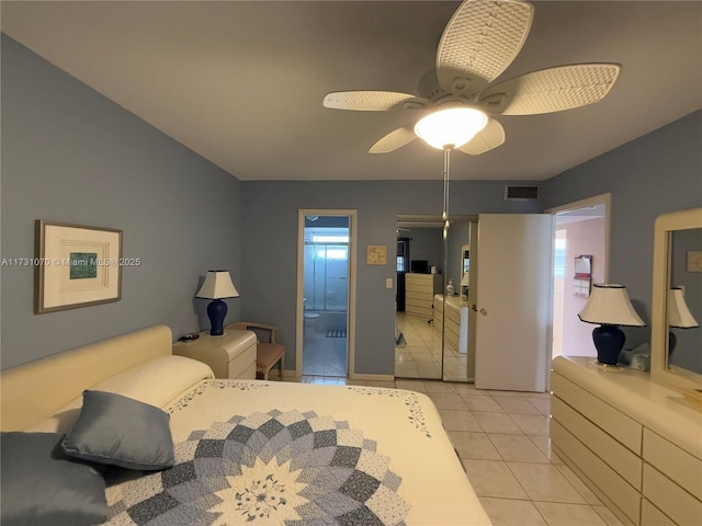 bedroom with a ceiling fan, visible vents, ensuite bathroom, and light tile patterned floors