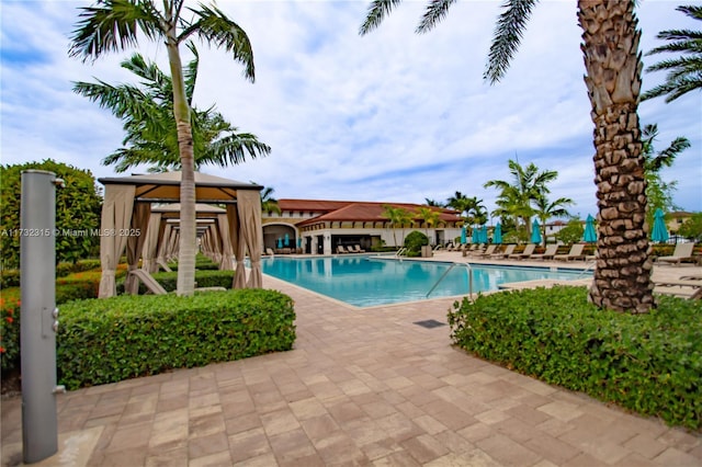 view of pool with a gazebo and a patio area