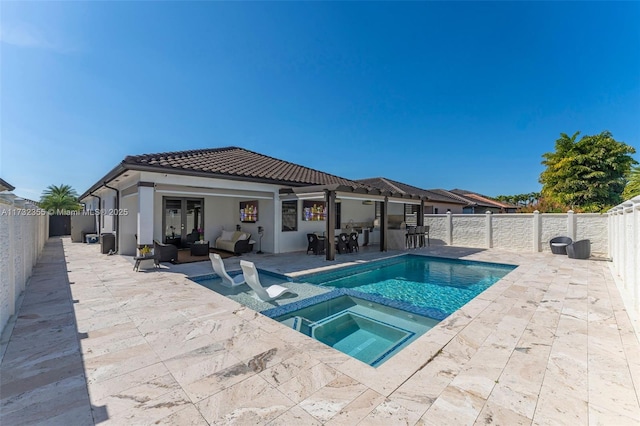 view of pool featuring an in ground hot tub and a patio