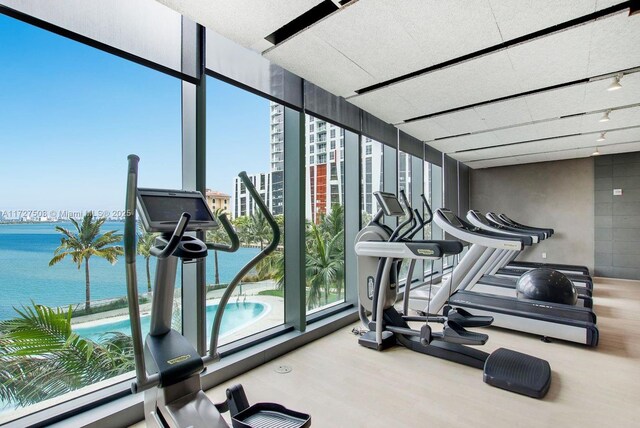 460 NE 28th St Unit 2601, Miami, FL 33137 - exercise room featuring expansive windows, wood finished floors, a water view, and track lighting