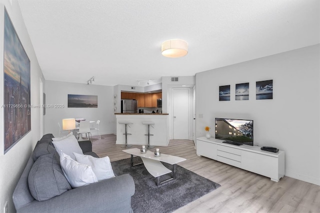 living room with a textured ceiling and light wood-type flooring