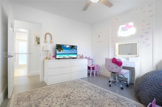 tiled bedroom with ceiling fan