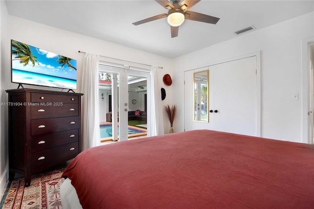 bedroom featuring access to exterior and ceiling fan