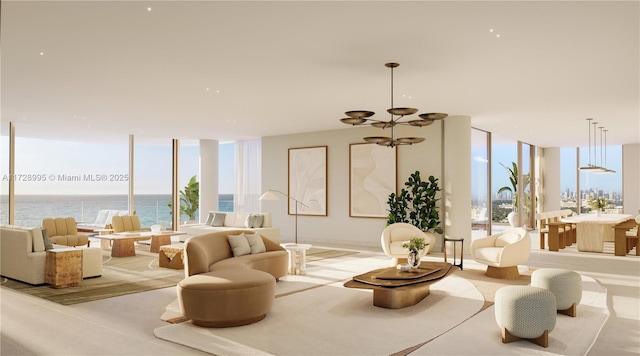 interior space featuring multiple windows, floor to ceiling windows, an inviting chandelier, and a water view