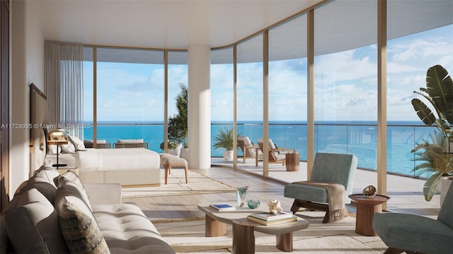 sunroom with a water view