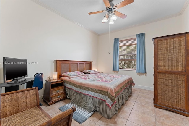 tiled bedroom featuring ornamental molding and ceiling fan