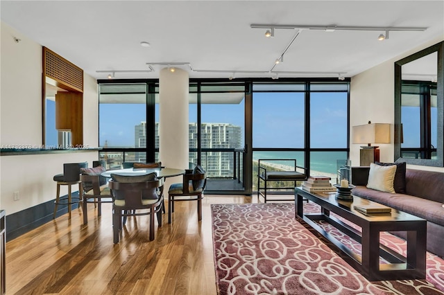 living room with expansive windows, a water view, and hardwood / wood-style flooring