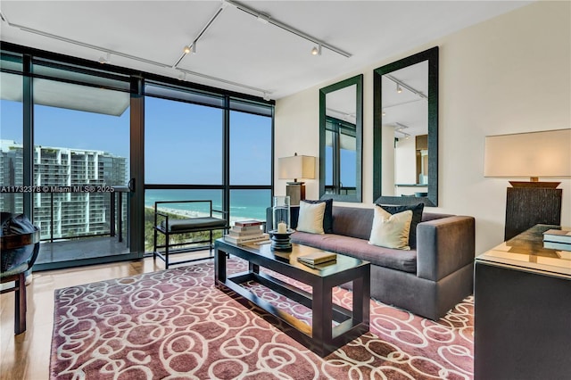 living room with hardwood / wood-style floors, floor to ceiling windows, a healthy amount of sunlight, and a water view