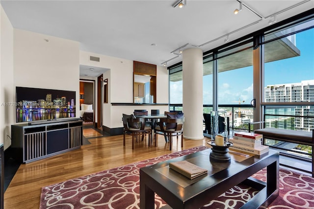 living room featuring expansive windows, hardwood / wood-style flooring, and track lighting