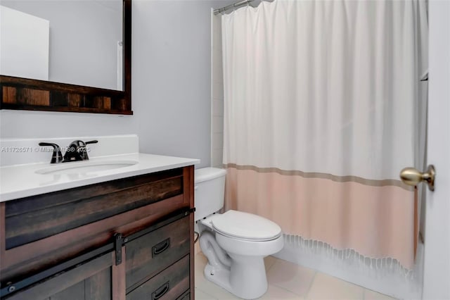 full bathroom with shower / bath combination with curtain, vanity, toilet, and tile patterned flooring