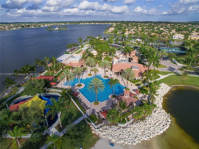 drone / aerial view featuring a water view