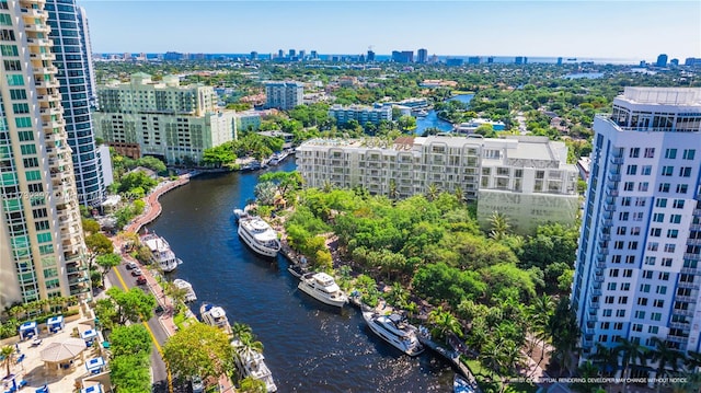 bird's eye view with a water view