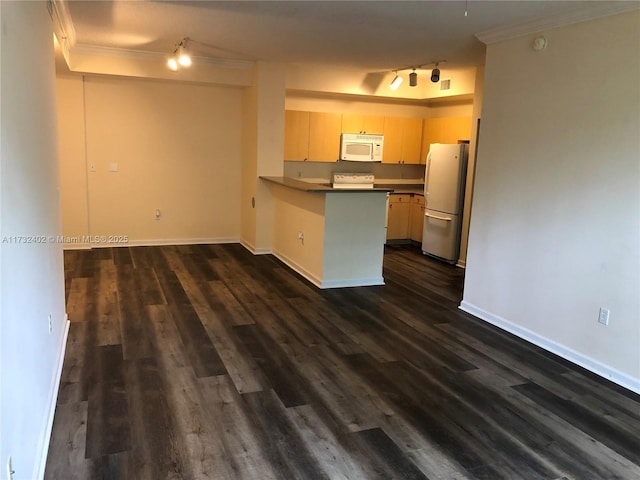 kitchen with dark hardwood / wood-style floors, ornamental molding, kitchen peninsula, track lighting, and white appliances