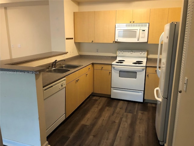 kitchen with sink, white appliances, dark wood-type flooring, kitchen peninsula, and light brown cabinets