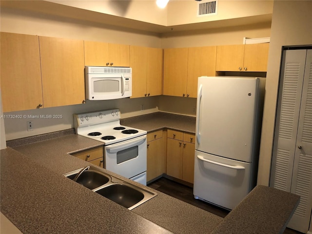 kitchen with white appliances, sink, and light brown cabinets