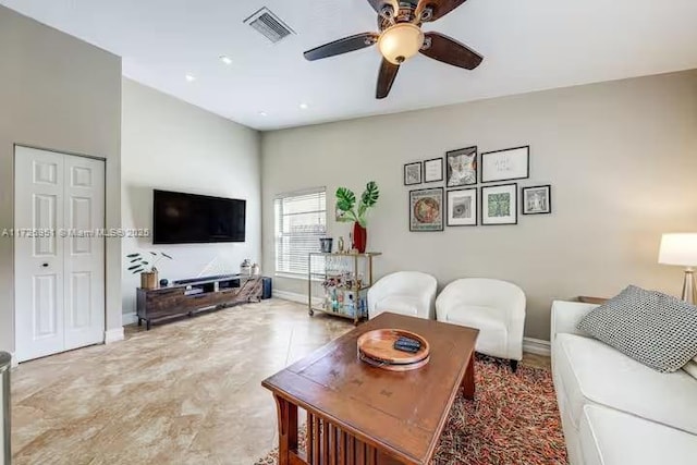 living room with ceiling fan