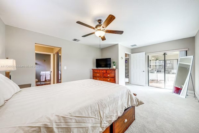 bedroom featuring access to exterior, ceiling fan, and carpet