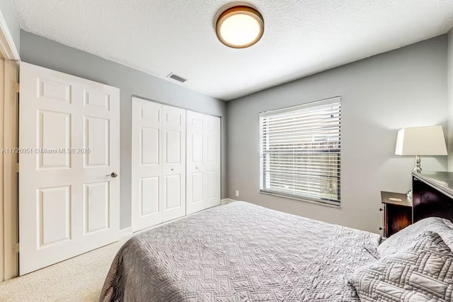 bedroom featuring carpet floors, a textured ceiling, and a closet