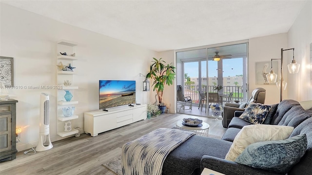 living room with light hardwood / wood-style floors and a wall of windows