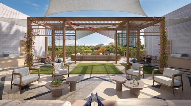 view of patio / terrace with an outdoor living space and a pergola