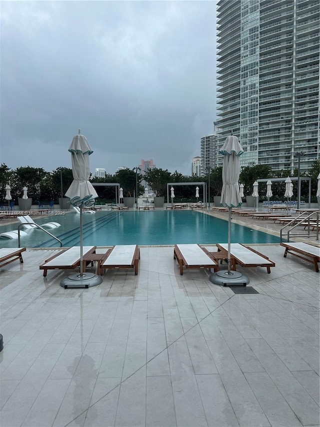 view of swimming pool with a patio area