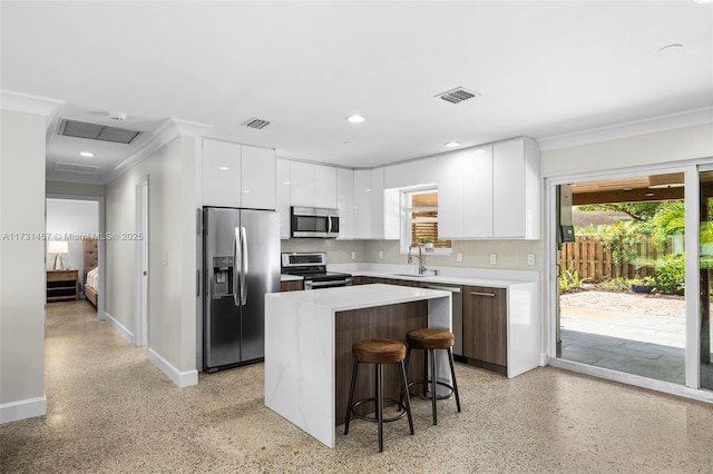 kitchen with white cabinetry, plenty of natural light, stainless steel appliances, a kitchen breakfast bar, and a kitchen island