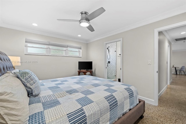 bedroom featuring crown molding and ceiling fan