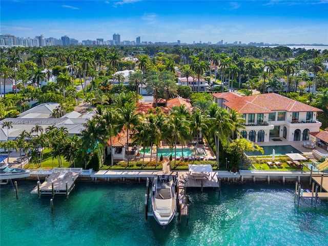 bird's eye view with a water view