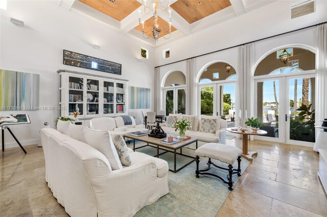 view of patio featuring a swimming pool with hot tub, an outdoor living space, pool water feature, and a water view