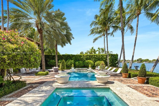 dock area featuring a community pool and a water view