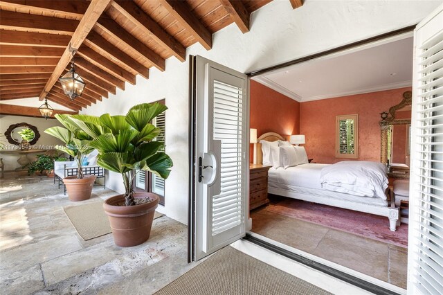 bedroom featuring wood ceiling, crown molding, and vaulted ceiling with beams