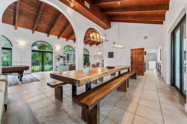 dining area with high vaulted ceiling, wooden ceiling, a chandelier, and beamed ceiling