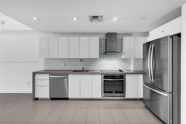 kitchen featuring white cabinetry, wall chimney exhaust hood, stainless steel appliances, and sink