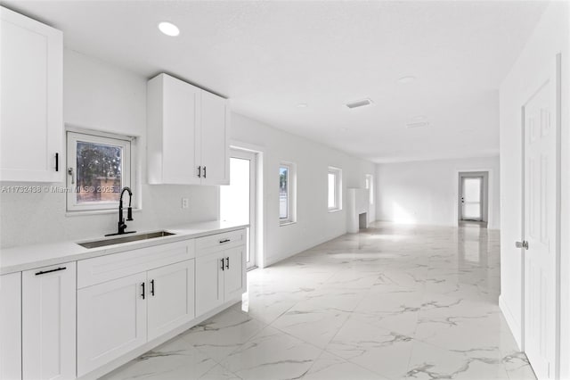 kitchen featuring tasteful backsplash, sink, and white cabinets